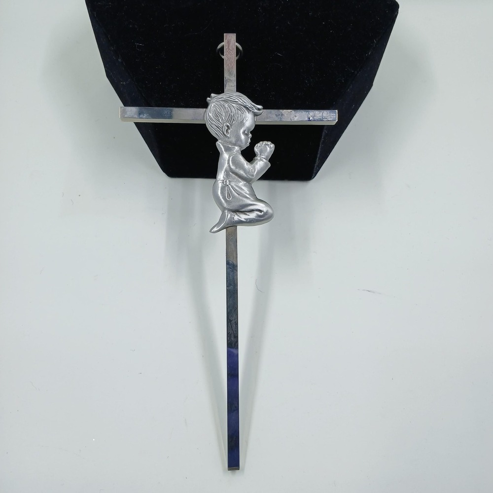 Praying Boy Wall‎ Cross Silver Tone Metal Religious Nursery Child Room Decor